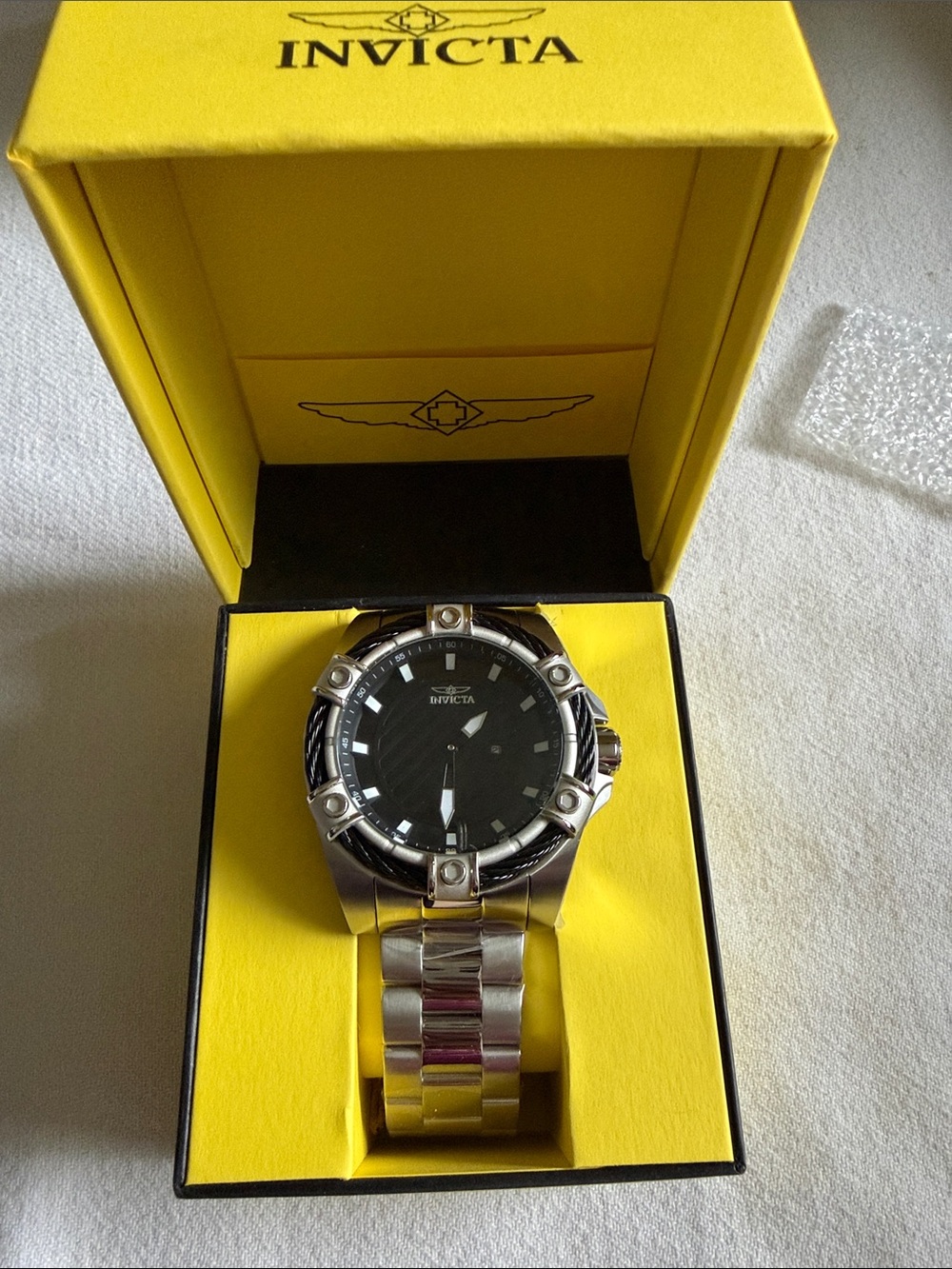 Invicta Silver Watch with Black Dial in Yellow Presentation Box
